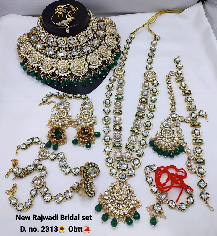 [Bridal 2313 Green] Trendy Ethnic Green Kundan Choker Necklace Earring Jewellery Set For Bride