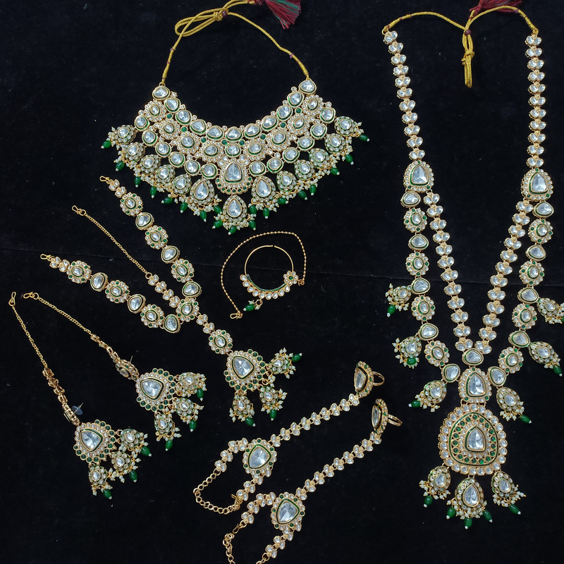 [Bridal 53 green] Graceful Ethnic Green Kundan Choker Necklace Earring Jewellery Set For Bride