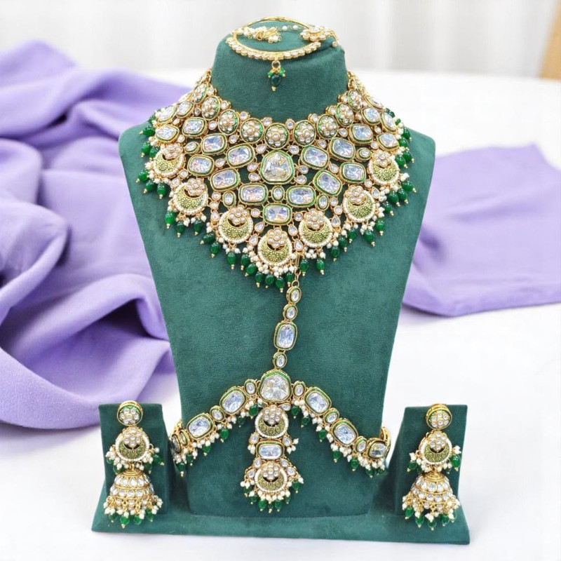 [Bridal 87 Green] Lustrous Ethnic Green Kundan Choker Necklace Earring Jewellery Set For Bride