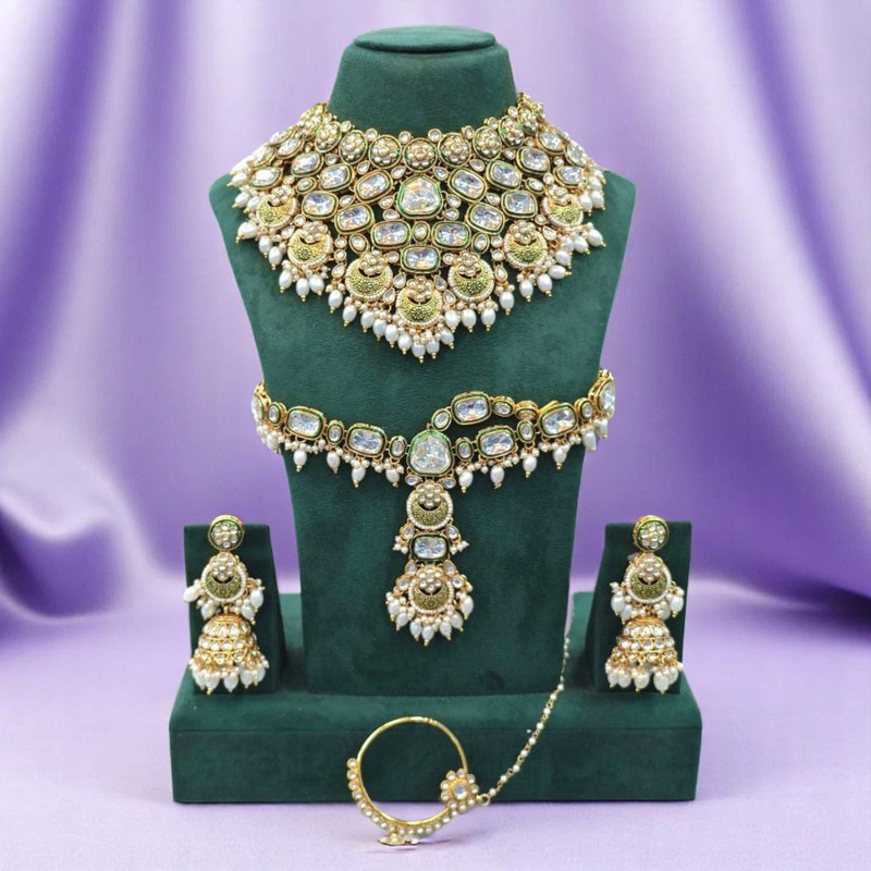 [Bridal 87 White] Elegant Contemporary White Kundan Choker Necklace Earring Jewellery Set For Bride