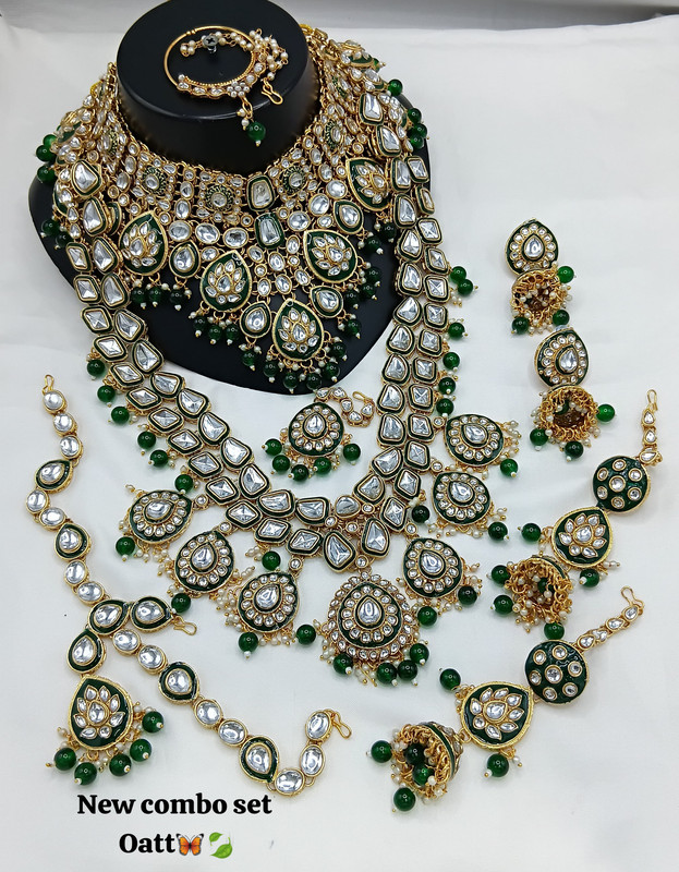 [Bridal 88 Green] Traditional Contemporary Green Kundan Choker Necklace Earring Jewellery Set For Bride