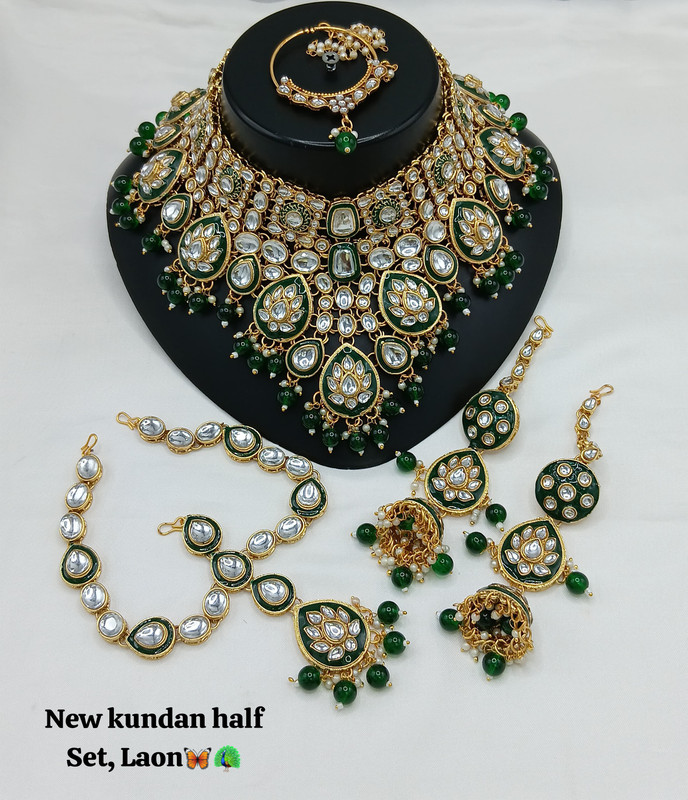 [Bridal 91 Green] Trendy Contemporary Green Kundan Choker Necklace Earring Jewellery Set For Bride