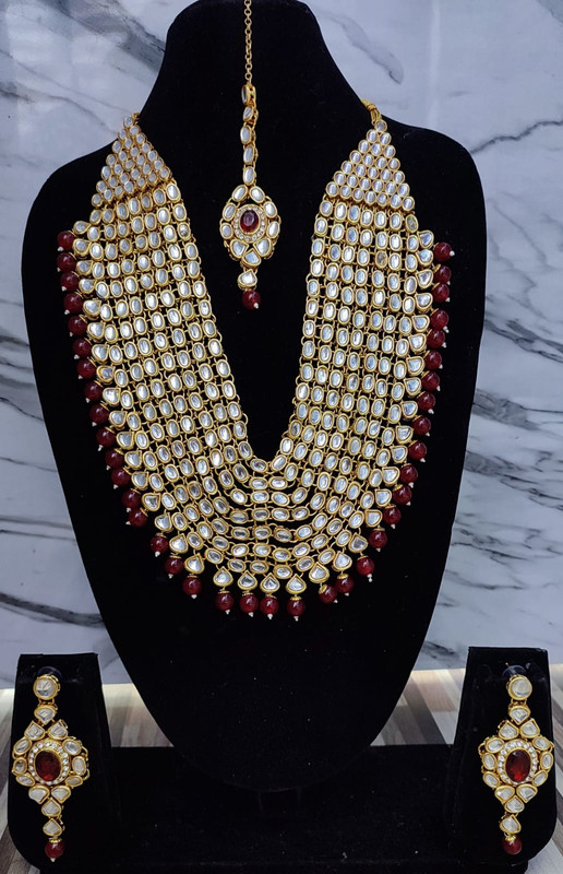 [BRIDAL COMBO 15 MAROON] Beautiful Contemporary Maroon Kundan Choker Necklace Earring Jewellery Set For Bride