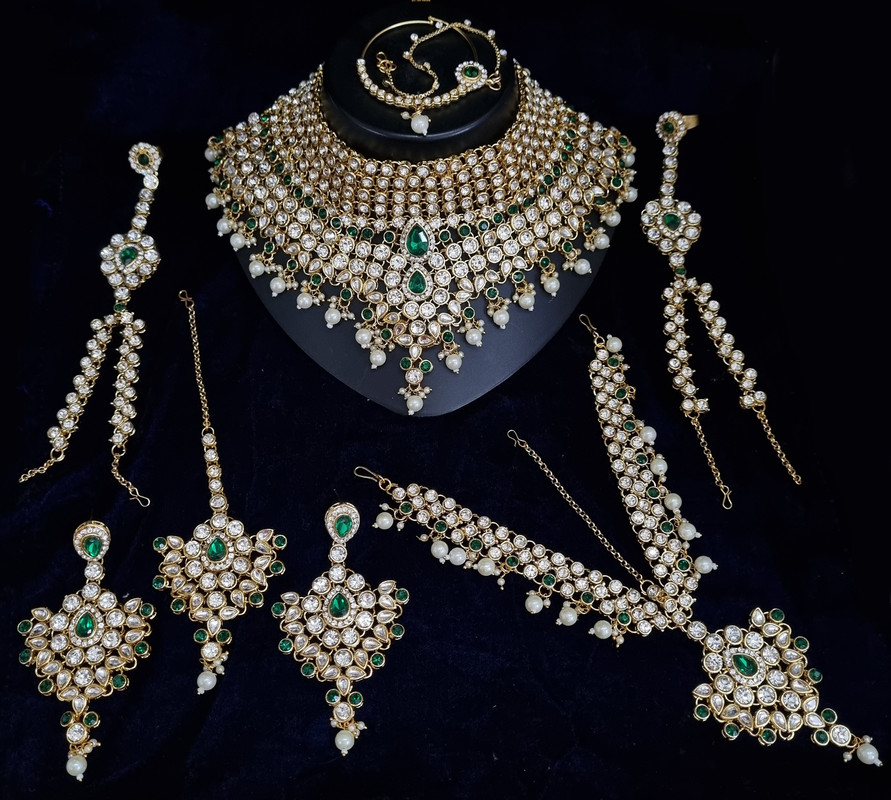 [BRIDAL COMBO 16 Green] Stunning Contemporary Green Kundan Choker Necklace Earring Jewellery Set For Bride