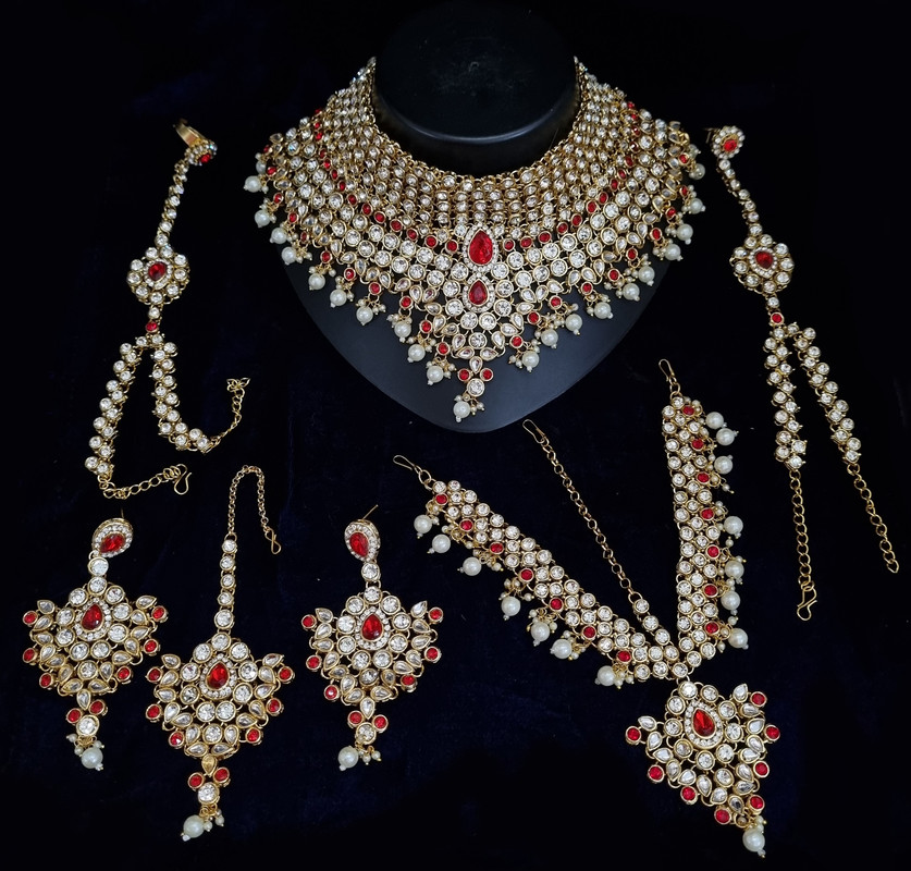 [BRIDAL COMBO 16 Red] Exclusive Contemporary Red Kundan Choker Necklace Earring Jewellery Set For Bride
