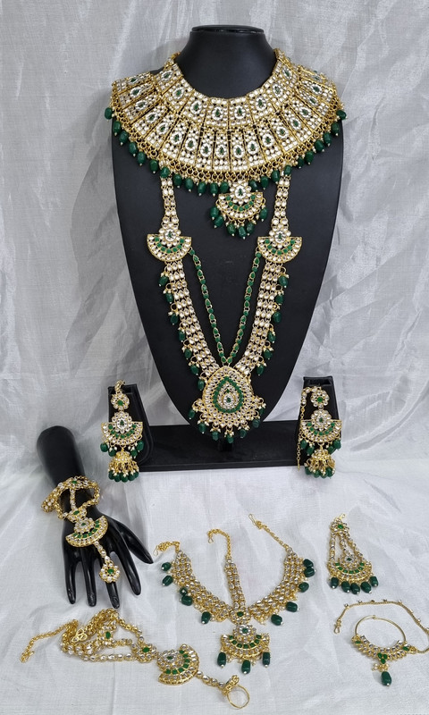 [BRIDAL COMBO 17 Green] Artisan Contemporary Green Kundan Choker Necklace Earring Jewellery Set For Bride