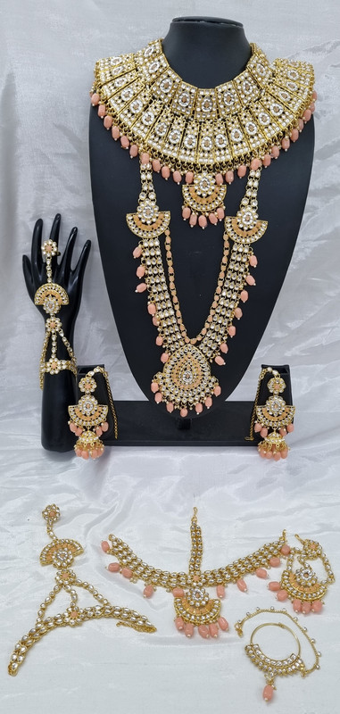 [BRIDAL COMBO 17 Peach] Regal Contemporary Peach Kundan Choker Necklace Earring Jewellery Set For Bride
