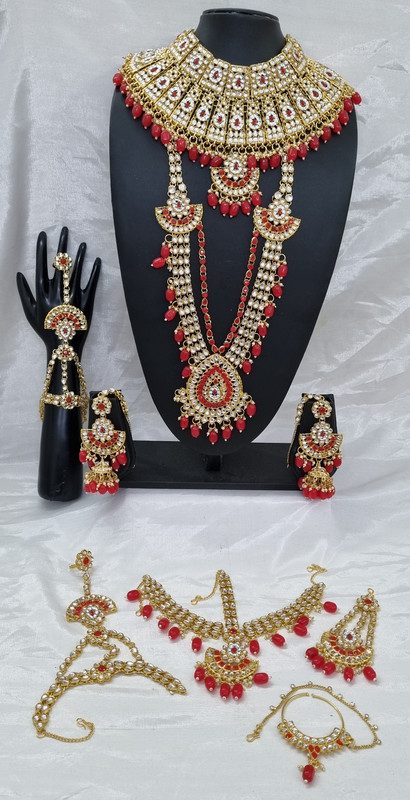 [BRIDAL COMBO 17 Red] Majestic Contemporary Red Kundan Choker Necklace Earring Jewellery Set For Bride