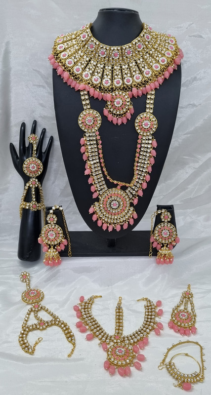[BRIDAL COMBO 18 Baby Pink] Grand Contemporary Baby Pink Kundan Choker Necklace Earring Jewellery Set For Bride