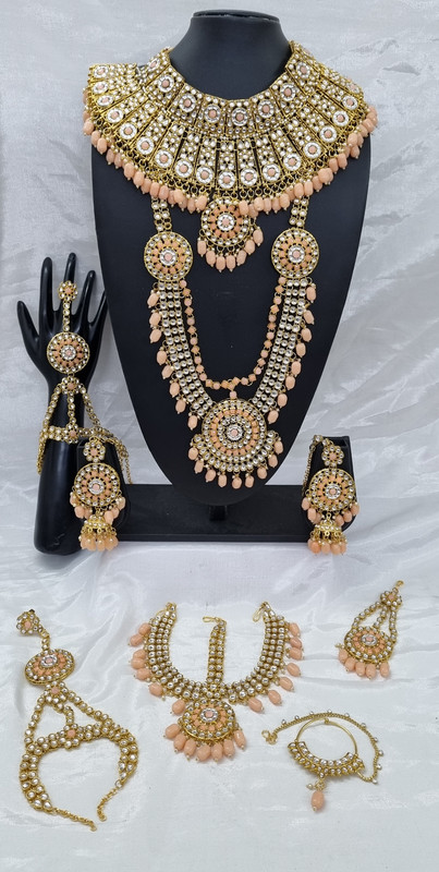 [BRIDAL COMBO 18 Peach] Radiant Contemporary Peach Kundan Choker Necklace Earring Jewellery Set For Bride