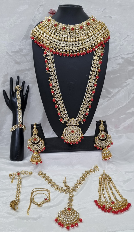 [BRIDAL COMBO 19 Red] Graceful Contemporary Red Kundan Choker Necklace Earring Jewellery Set For Bride