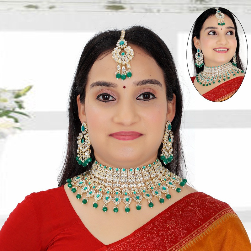 [BRIDAL COMBO 22 GREEN] Enchanting Contemporary Green Kundan Choker Necklace Earring Jewellery Set For Bride