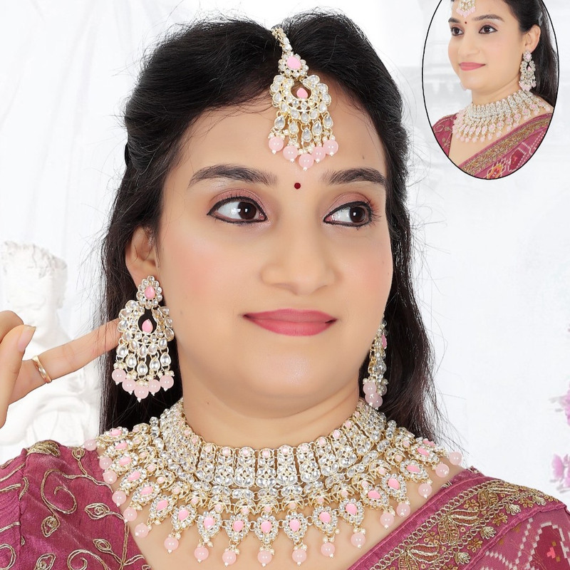 [BRIDAL COMBO 22 PINK] Splendid Contemporary Pink Kundan Choker Necklace Earring Jewellery Set For Bride