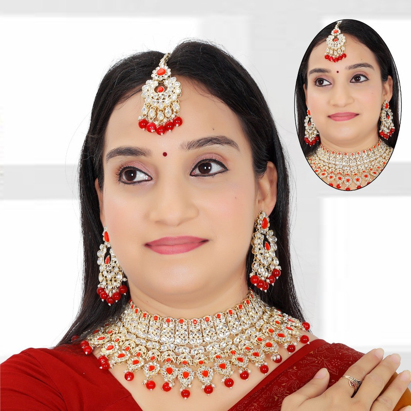 [BRIDAL COMBO 22 RED] Mesmerizing Contemporary Red Kundan Choker Necklace Earring Jewellery Set For Bride