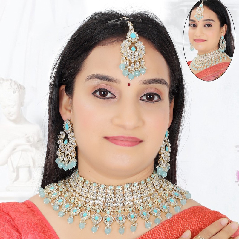[BRIDAL COMBO 22 SKY BLUE] Breathtaking Contemporary Sky Blue Kundan Choker Necklace Earring Jewellery Set For Bride