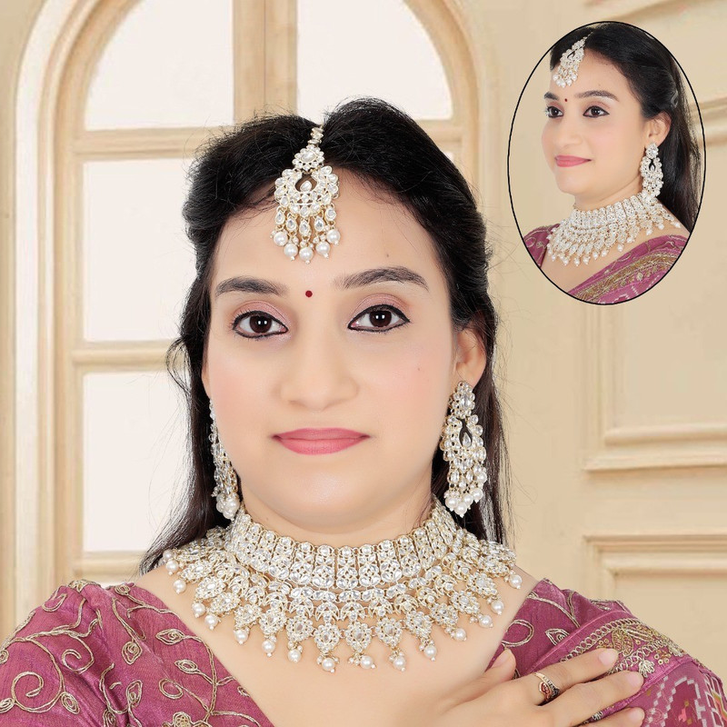 [BRIDAL COMBO 22 WHITE] Ethereal Contemporary White Kundan Choker Necklace Earring Jewellery Set For Bride