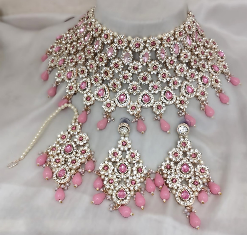 [BRIDAL COMBO 24 baby pink] Flawless Contemporary Baby Pink Kundan Choker Necklace Earring Jewellery Set For Bride
