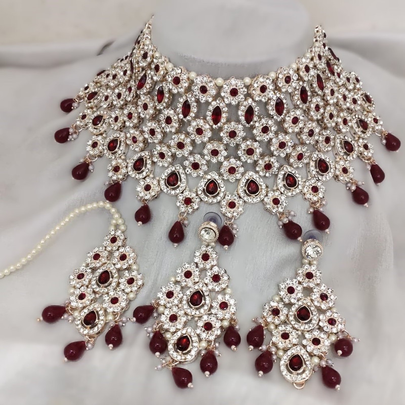 [BRIDAL COMBO 24 maroon] Ornate Contemporary Maroon Kundan Choker Necklace Earring Jewellery Set For Bride