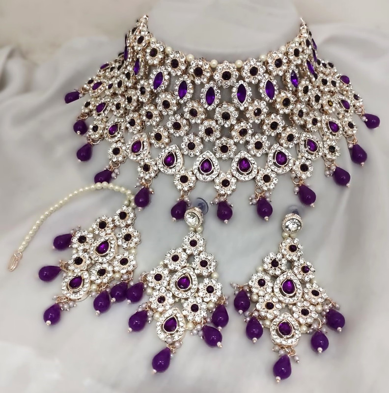 [BRIDAL COMBO 24 purple] Lustrous Contemporary Purple Kundan Choker Necklace Earring Jewellery Set For Bride