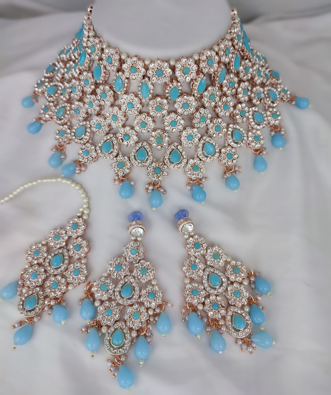 [BRIDAL COMBO 24 sky blue] Vibrant Contemporary Sky Blue Kundan Choker Necklace Earring Jewellery Set For Bride