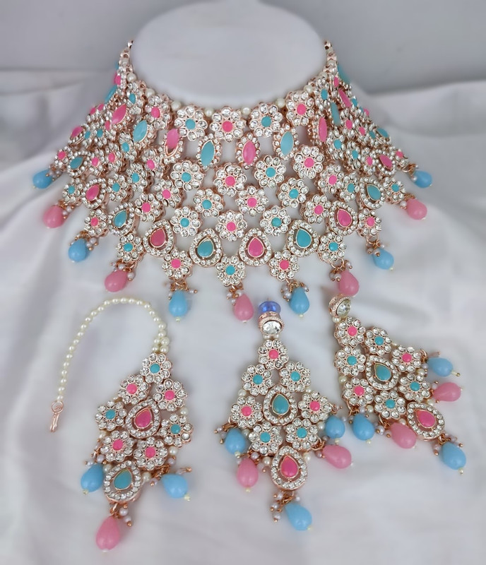 [BRIDAL COMBO 24 sky blue peach] Elegant Modern Sky Blue Peach Kundan Choker Necklace Earring Jewellery Set For Bride