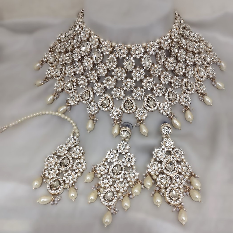 [BRIDAL COMBO 24 white] Traditional Modern White Kundan Choker Necklace Earring Jewellery Set For Bride