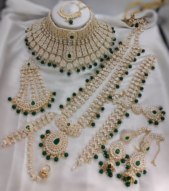 [bridal combo 31 green] Chic Modern Green Kundan Choker Necklace Earring Jewellery Set For Bride
