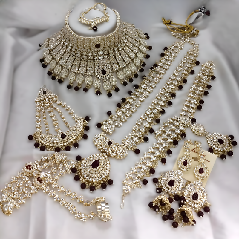 [bridal combo 31 maroon] Magnifique Modern Maroon Kundan Choker Necklace Earring Jewellery Set For Bride