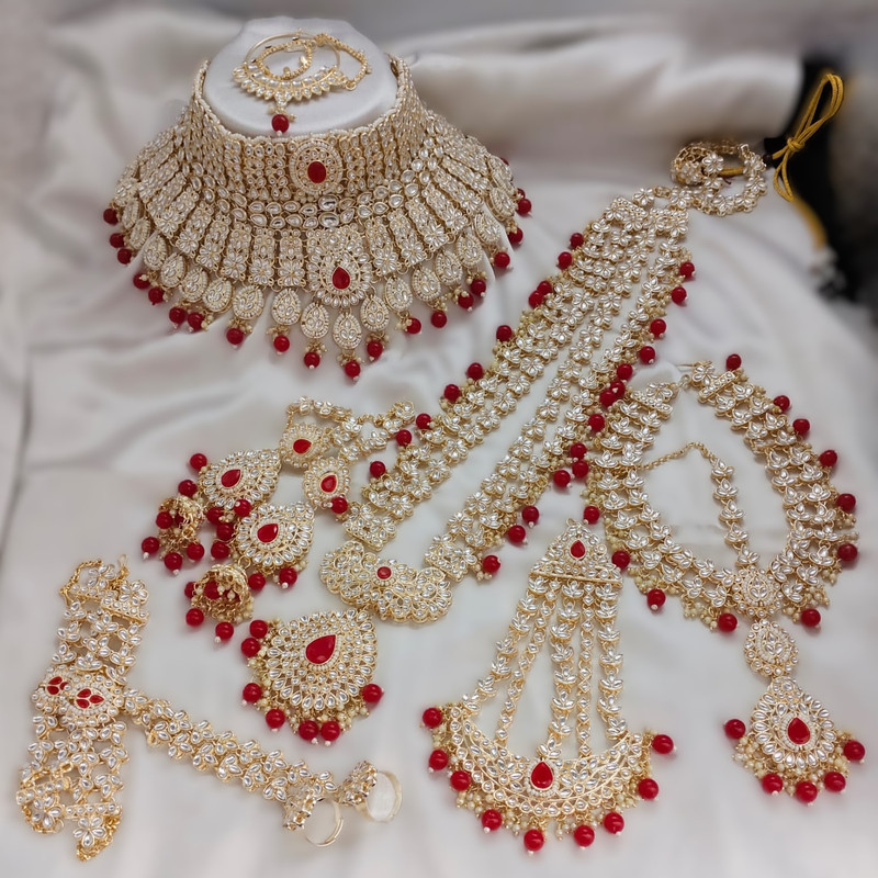 [bridal combo 31 red] Desi Modern Red Kundan Choker Necklace Earring Jewellery Set For Bride