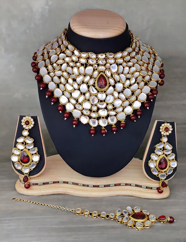 bridal combo 32 maroon Kundan Choker Necklace Earring Jewellery set for Bride