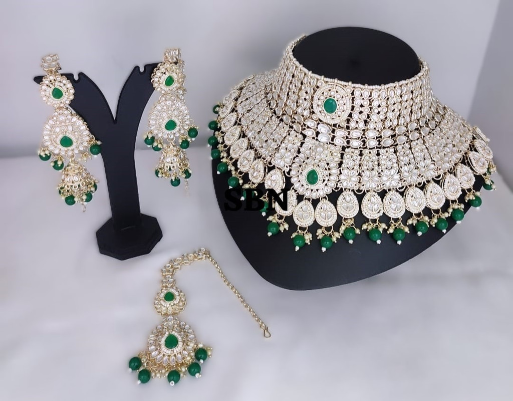 [Bridal Combo 40 Green] Trendy Modern Green Kundan Choker Necklace Earring Jewellery Set For Bride