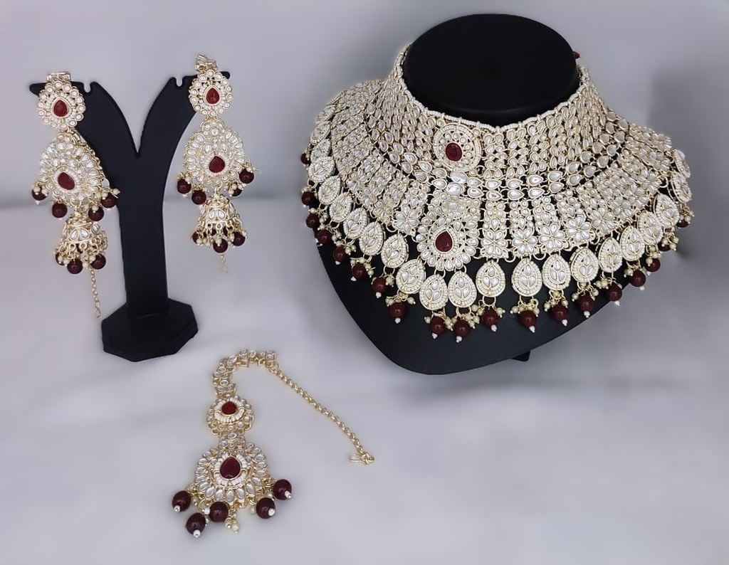 [Bridal Combo 40 Maroon] Shandaar Modern Maroon Kundan Choker Necklace Earring Jewellery Set For Bride