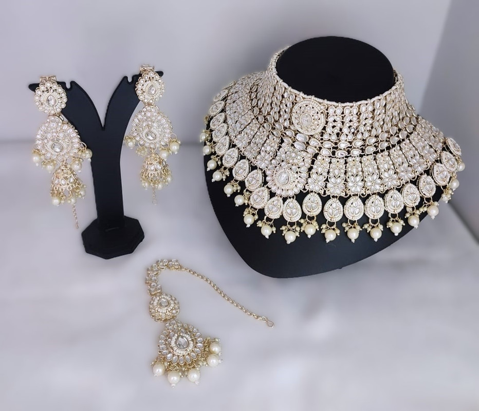 [Bridal Combo 40 White] Exquisite Modern White Kundan Choker Necklace Earring Jewellery Set For Bride
