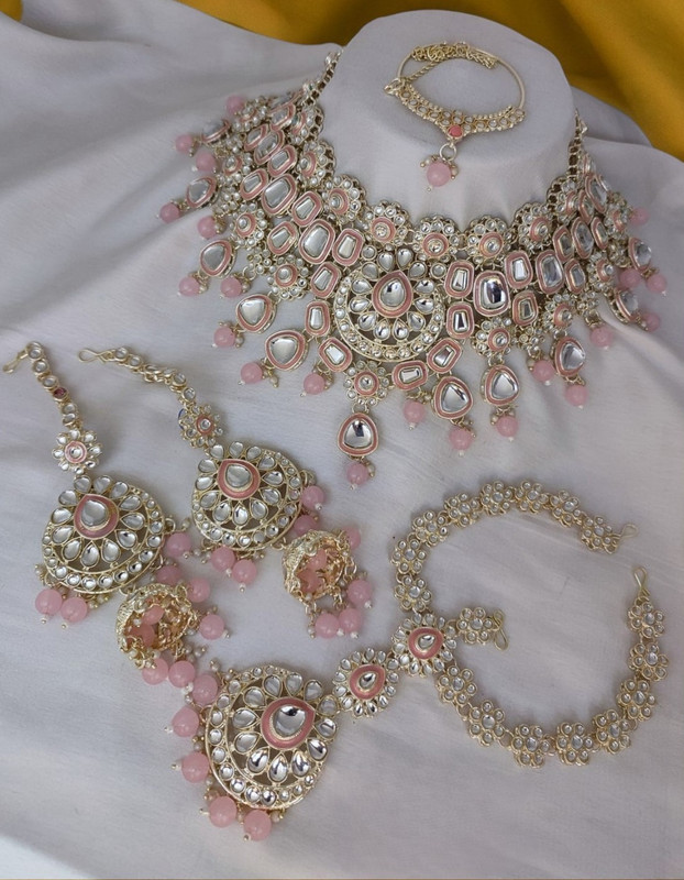 [Bridal Combo 41 Baby Pink] Gorgeous Modern Baby Pink Kundan Choker Necklace Earring Jewellery Set For Bride