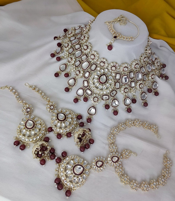 [Bridal Combo 41 maroon] Stunning Modern Maroon Kundan Choker Necklace Earring Jewellery Set For Bride