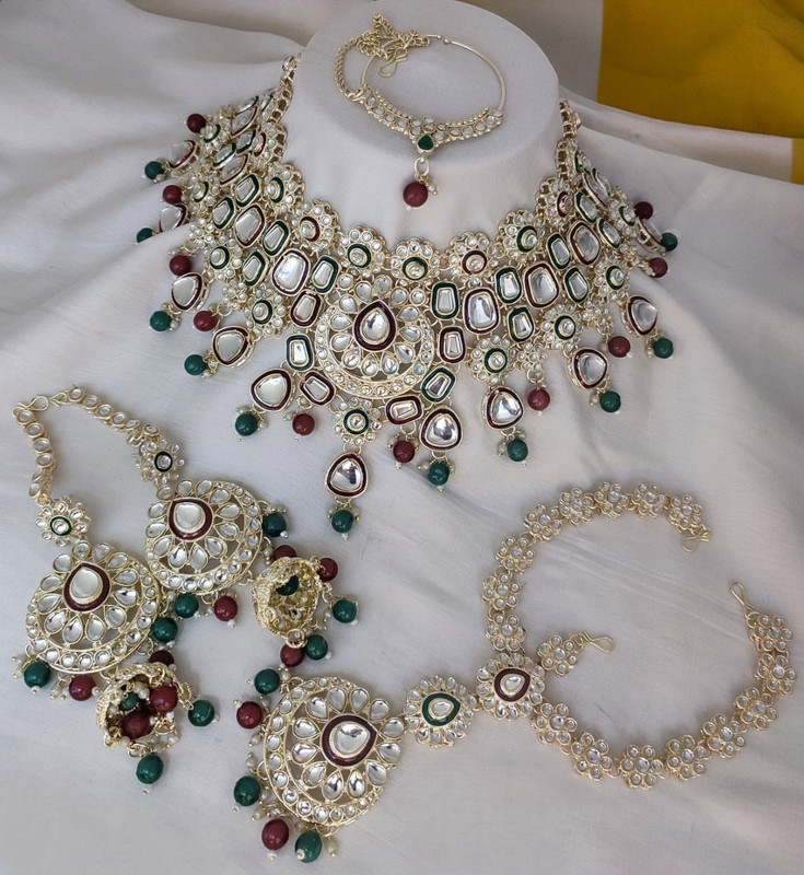Bridal Combo 41 maroon green Kundan Choker Necklace Earring Jewellery set for Bride