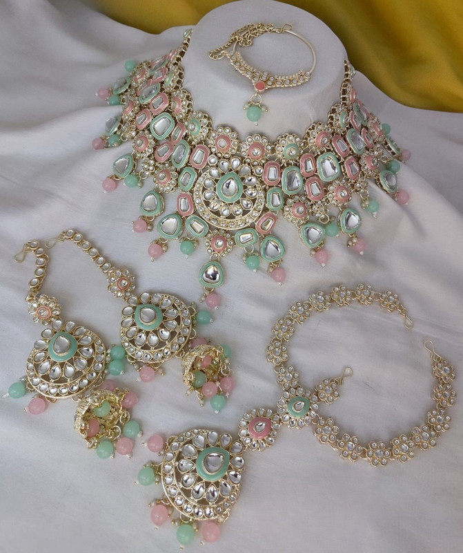 [Bridal Combo 41 mint green baby pionk] Exclusive Modern Mint Green Baby Pionk Kundan Choker Necklace Earring Jewellery Set For Bride