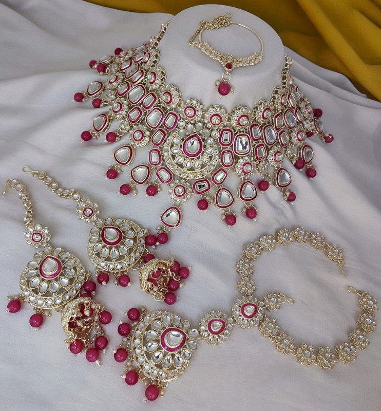 [Bridal Combo 41 rani pink] Luxury Modern Rani Pink Kundan Choker Necklace Earring Jewellery Set For Bride