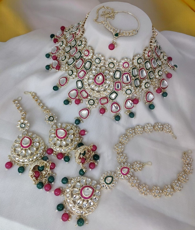 [Bridal Combo 41 rani pink green] Authentic Modern Rani Pink Green Kundan Choker Necklace Earring Jewellery Set For Bride
