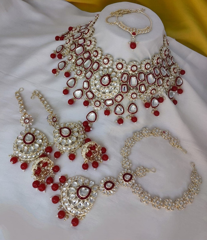 [Bridal Combo 41 Red] Artisan Modern Red Kundan Choker Necklace Earring Jewellery Set For Bride