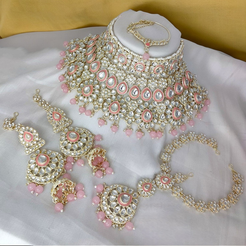 [Bridal Combo 42 baby pink] Regal Modern Baby Pink Kundan Choker Necklace Earring Jewellery Set For Bride