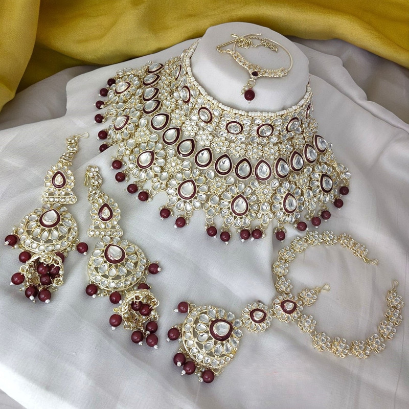[Bridal Combo 42 maroon] Opulent Modern Maroon Kundan Choker Necklace Earring Jewellery Set For Bride