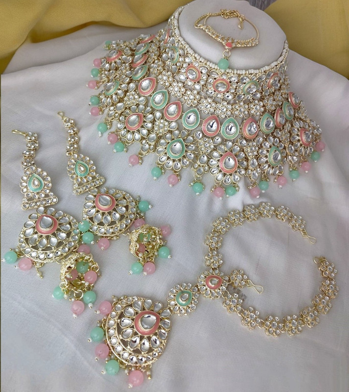 [Bridal Combo 42 mint green baby pink] Dazzling Modern Mint Green Baby Pink Kundan Choker Necklace Earring Jewellery Set For Bride