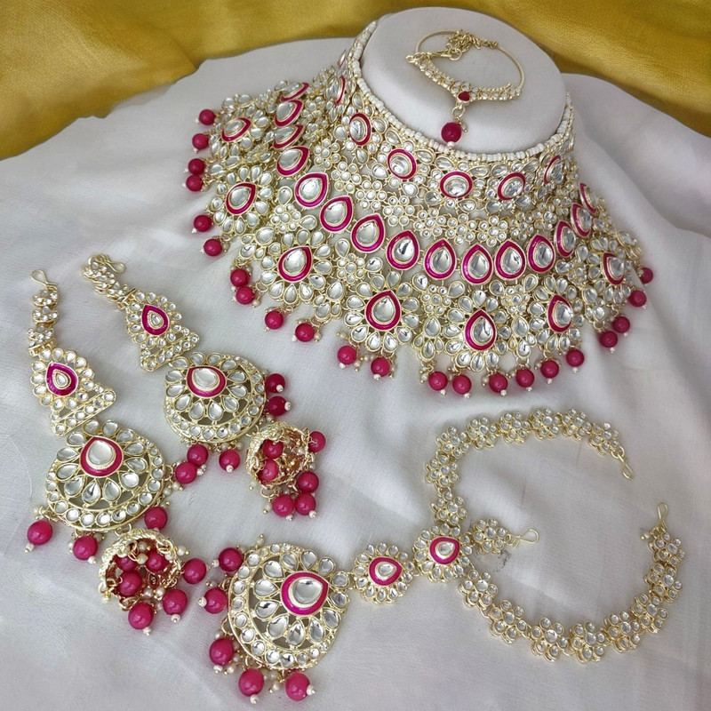 [Bridal Combo 42 rani pink] Graceful Modern Rani Pink Kundan Choker Necklace Earring Jewellery Set For Bride