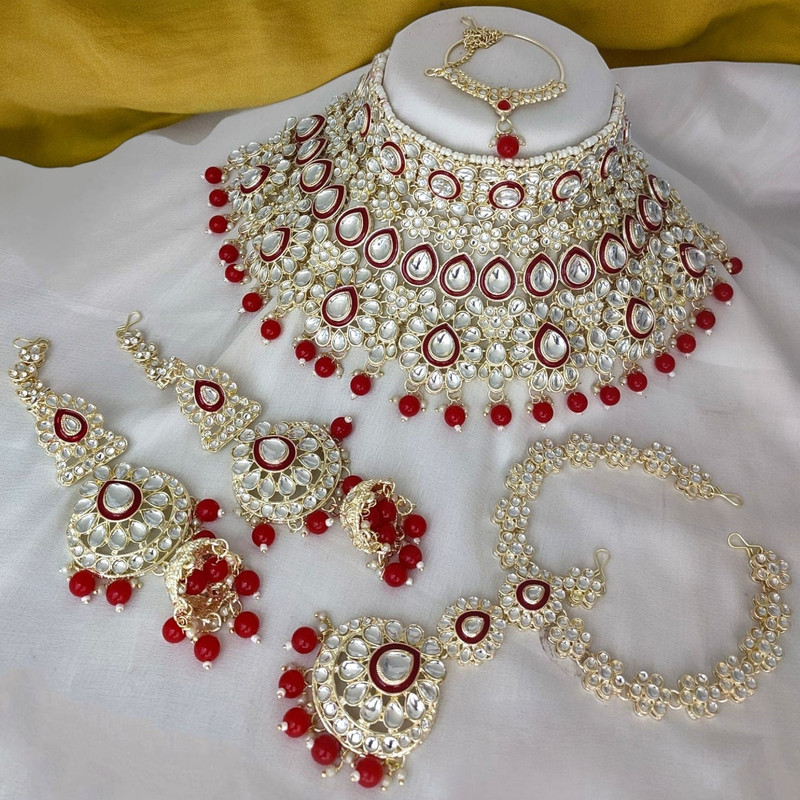 [Bridal Combo 42 red] Alluring Modern Red Kundan Choker Necklace Earring Jewellery Set For Bride