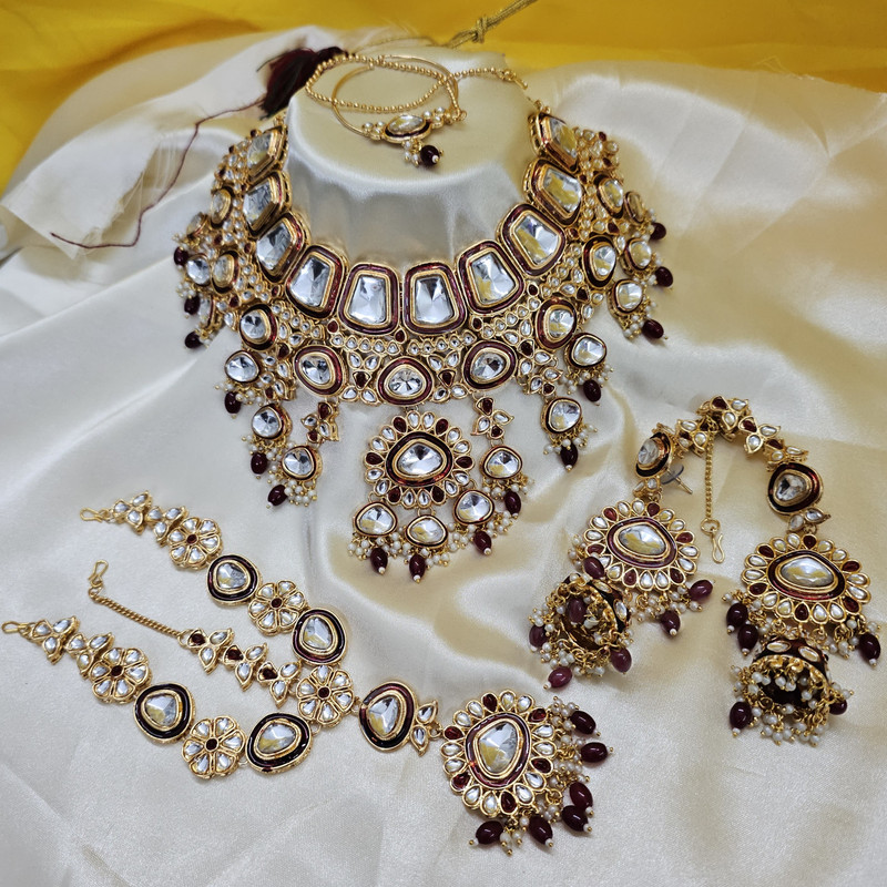 [BRIDAL COMBO 54 HALF MAROON] Mesmerizing Modern Half Maroon Kundan Choker Necklace Earring Jewellery Set For Bride