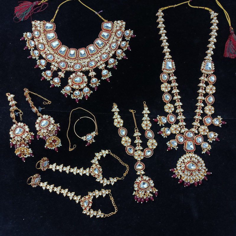 [BRIDAL COMBO 54 MAROON] Breathtaking Modern Maroon Kundan Choker Necklace Earring Jewellery Set For Bride