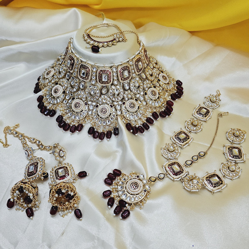 [BRIDAL COMBO 55 HALF MAROON] Ornate Modern Half Maroon Kundan Choker Necklace Earring Jewellery Set For Bride