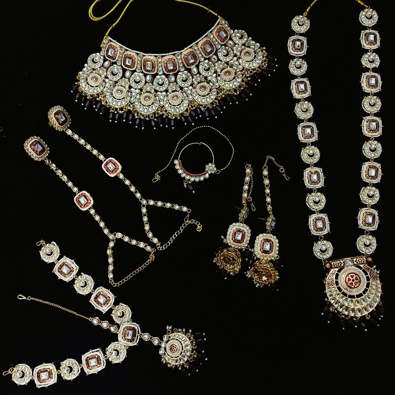 [BRIDAL COMBO 55 MAROON] Resplendent Modern Maroon Kundan Choker Necklace Earring Jewellery Set For Bride