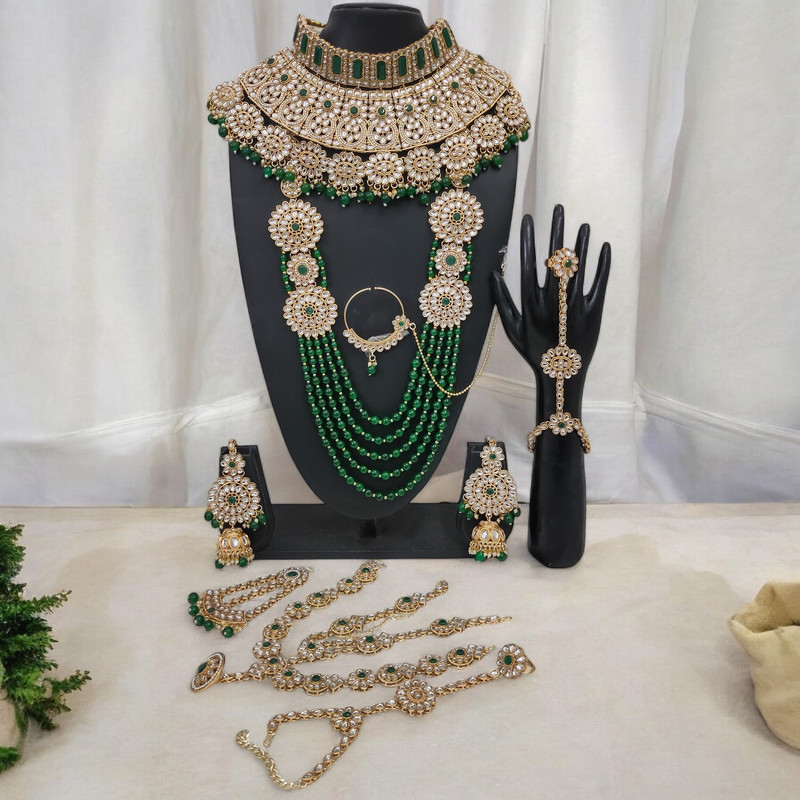 BRIDAL COMBO 60 GREEN Kundan Choker Necklace Earring Jewellery set for Bride